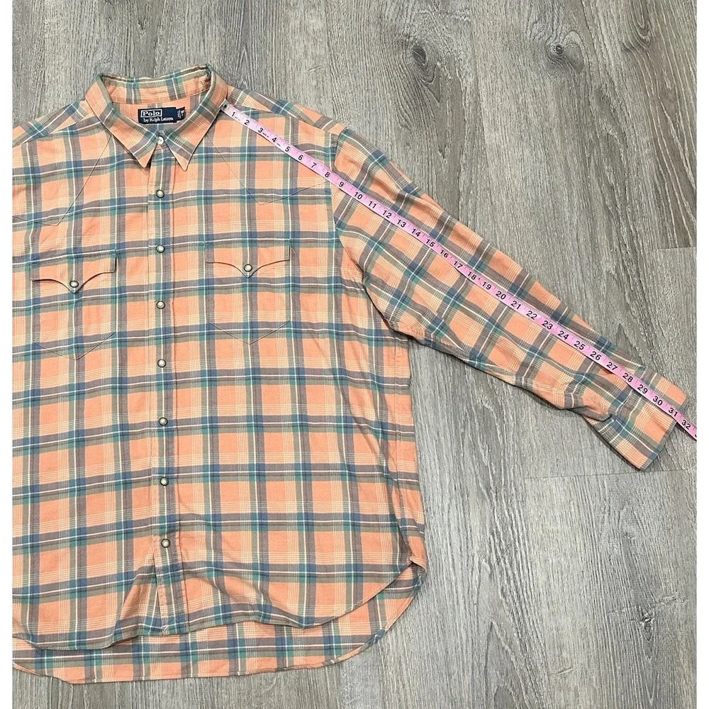 Polo Ralph Lauren Shirt Mens 3XB Peach Plaid‎ Pearl Snap Western Flannel Shirt